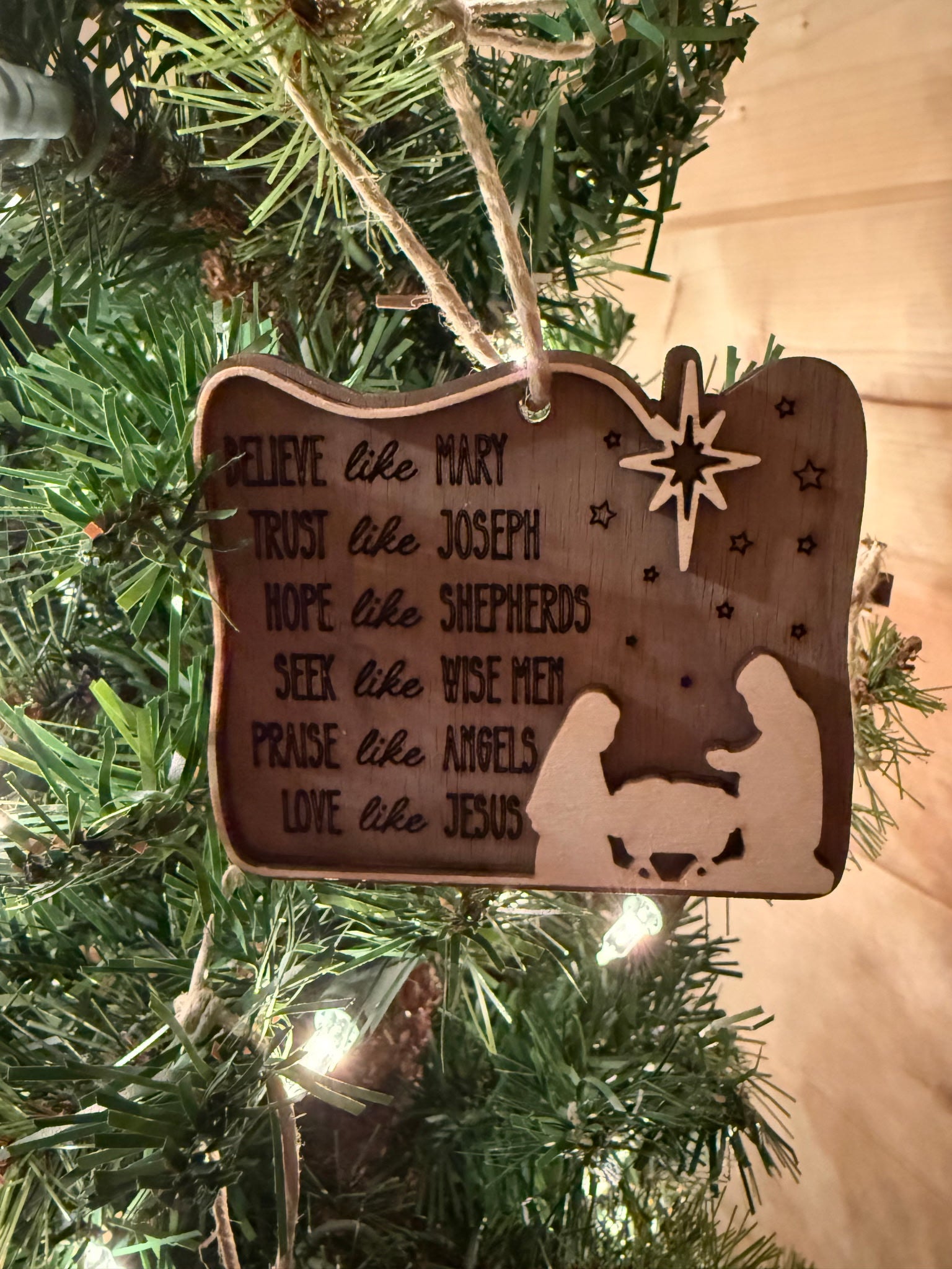 Baby Jesus Mary and Joseph multiple layer Christmas Ornament Wood