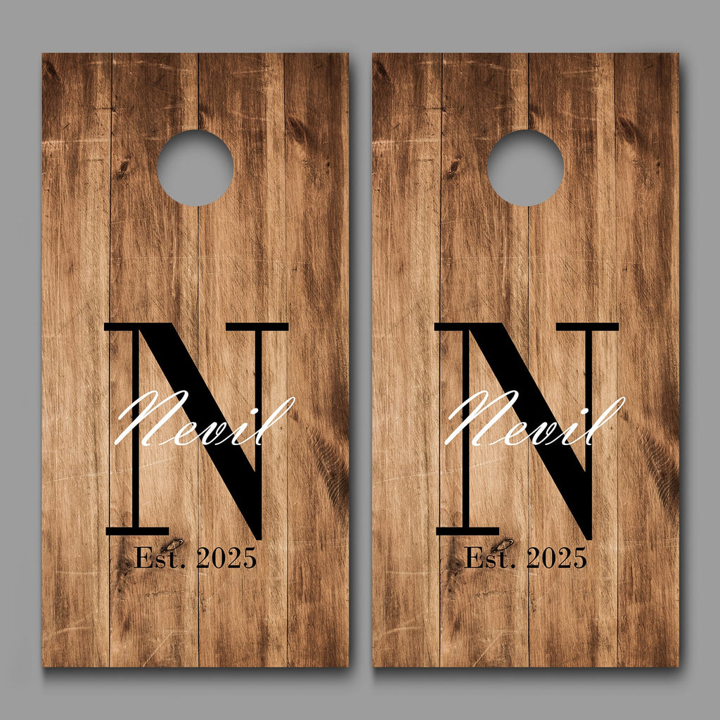 Custom Name, Initial and Date on Aged Wood Cornhole Board Decal Wraps